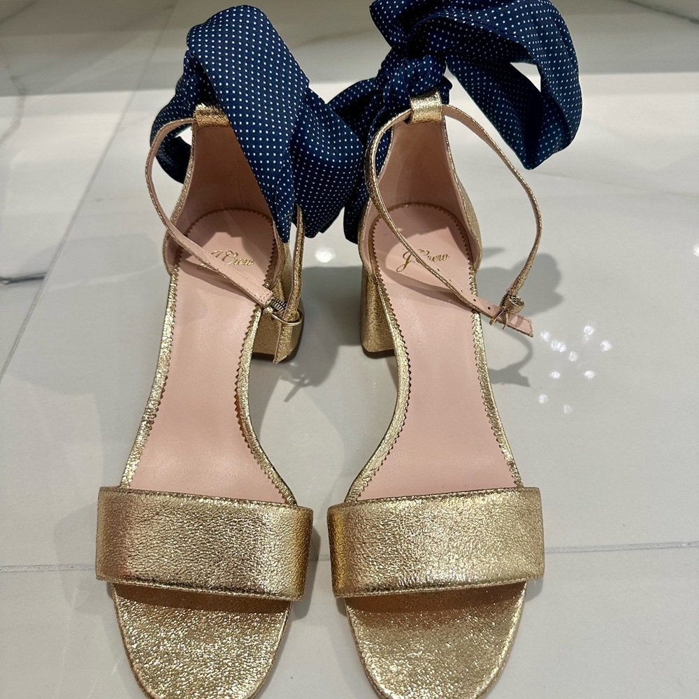 J Crew Gold Ankle Strap Sandals with Blue Polka Dot Bow